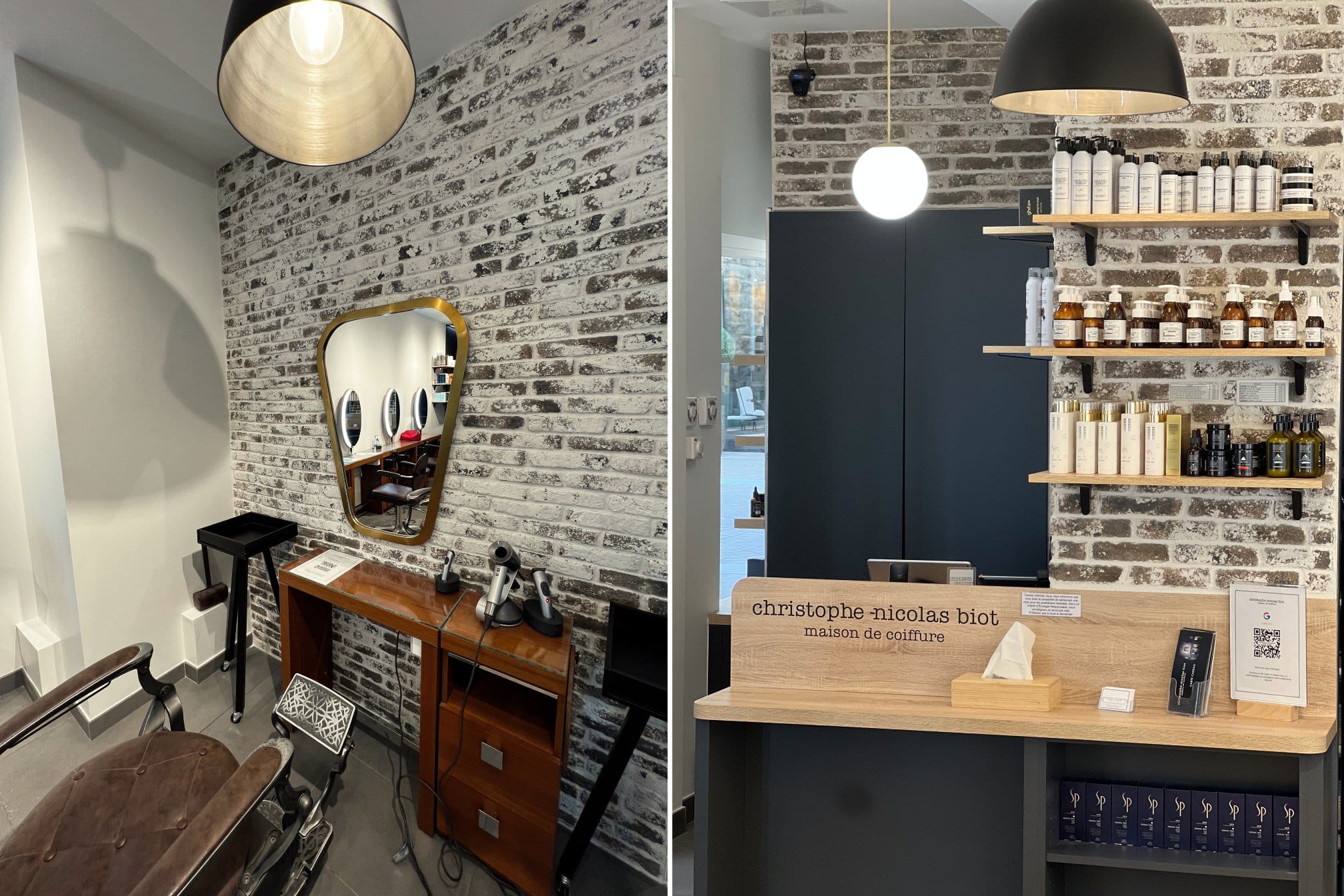 Salon de coiffure redécoré et banque d’accueil dessinée par EVIDENCE intérieurs, agence d’aménagement intérieur d’espaces tertiaires, pour Christophe-Nicolas Biot, salon de coiffure Paris 8e.