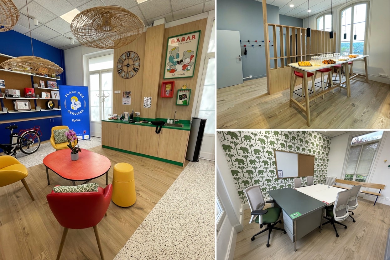 Tisanerie et espace de coworking conçus par EVIDENCE intérieurs, agence d’aménagement intérieur d’espaces tertiaires, pour la Place des Services – La Poste Groupe de la Ville d’Épône.