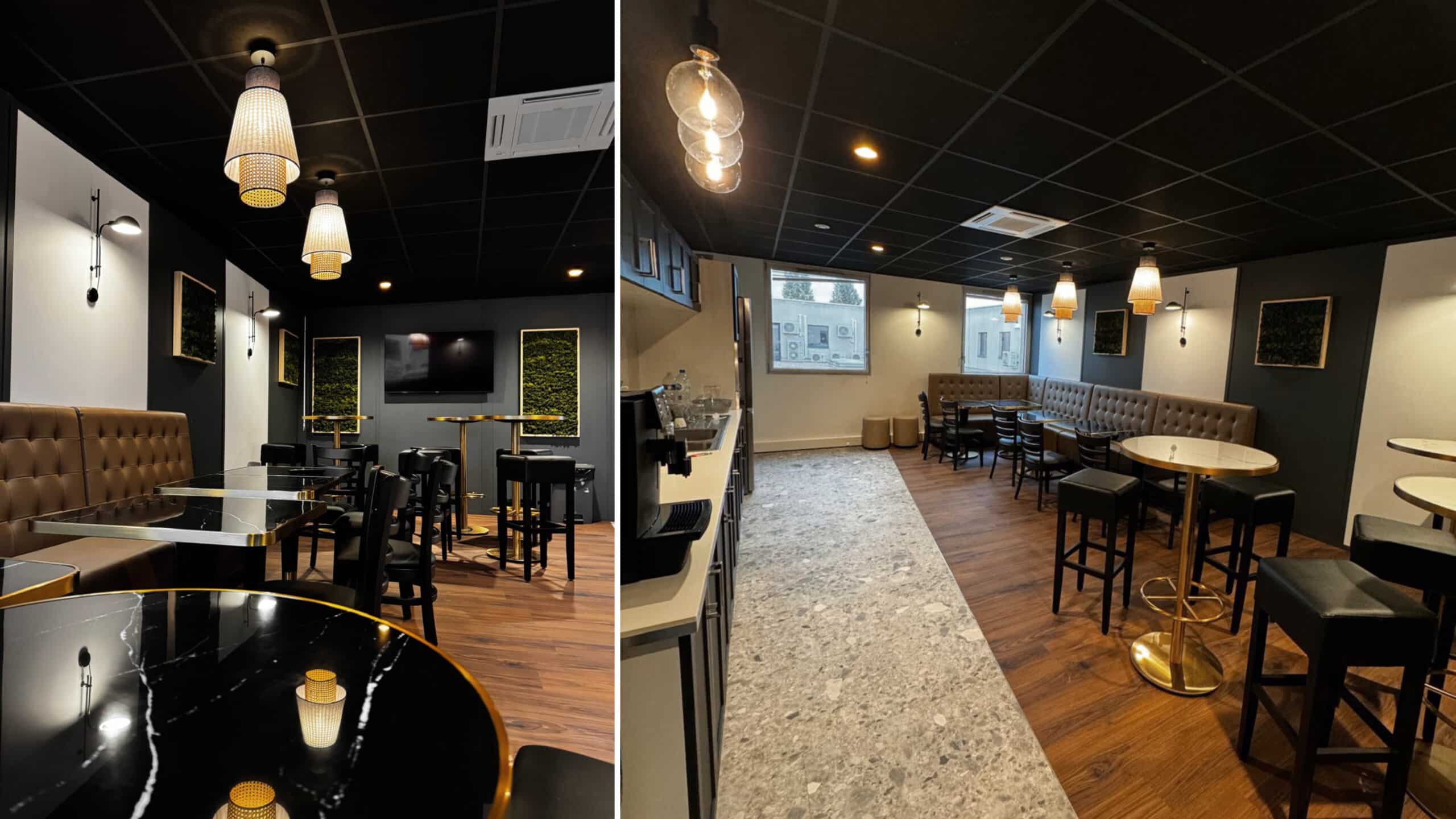 Cafétéria d’entreprise redécorée façon bistrot par EVIDENCE intérieurs, agence d’aménagement intérieur d’espaces tertiaires, pour une agence Fauché, génie électrique.