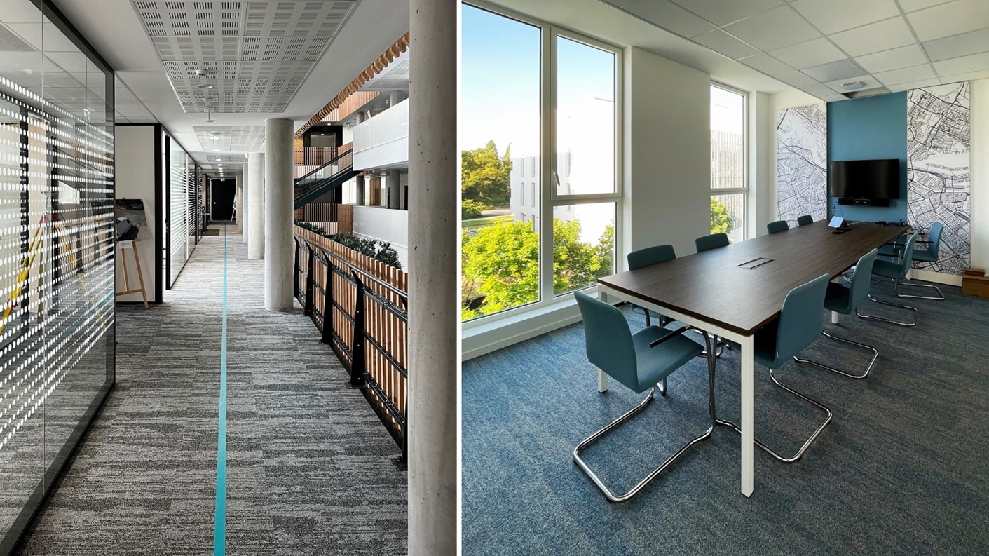 Aménagement intérieur du siège social du Groupe Geofit, société de géomètres experts à Nantes, par EVIDENCE intérieurs, agence d’aménagement intérieur d’espaces tertiaires : vues de la circulation autour de l'atrium et d’une des salles de réunion.