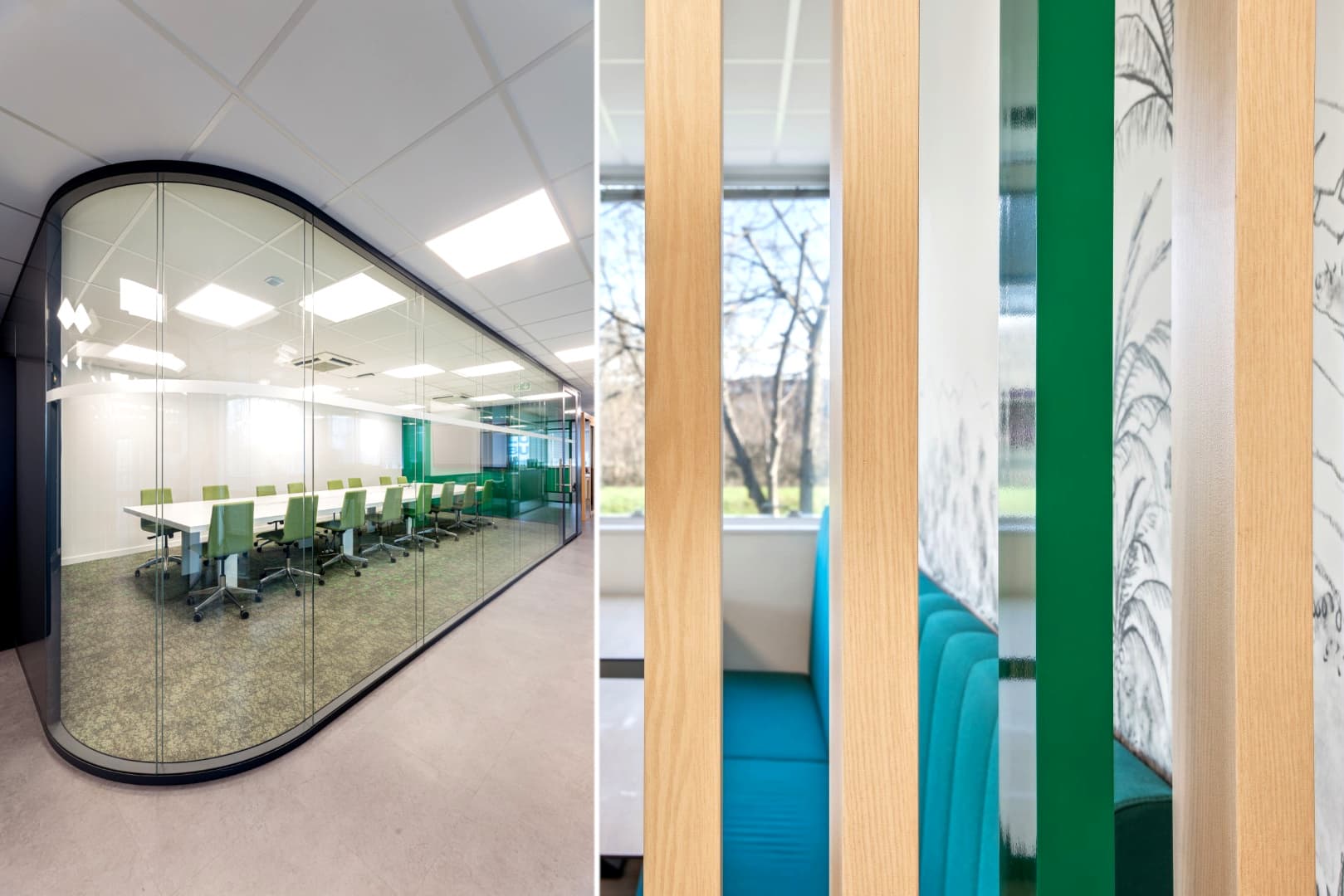 Salle de réunion conçue par EVIDENCE intérieurs, agence d’aménagement intérieur d’espaces tertiaires, pour Sobac Cloisons, distributeur de cloisons démontables de bureaux.