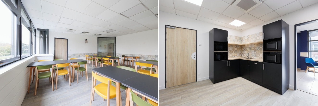 Réfectoire et kitchenette conçus par EVIDENCE intérieurs, agence d’aménagement intérieur d’espaces tertiaires, pour SUEZ Group à Le Pecq.