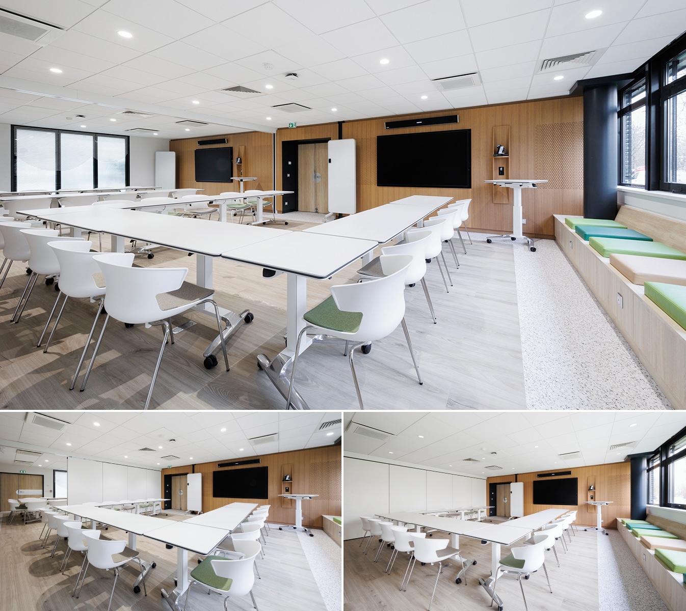 Salle de réunion modulable conçue par EVIDENCE intérieurs, agence d’aménagement intérieur d’espaces tertiaires, pour SUEZ Group à Le Pecq.
